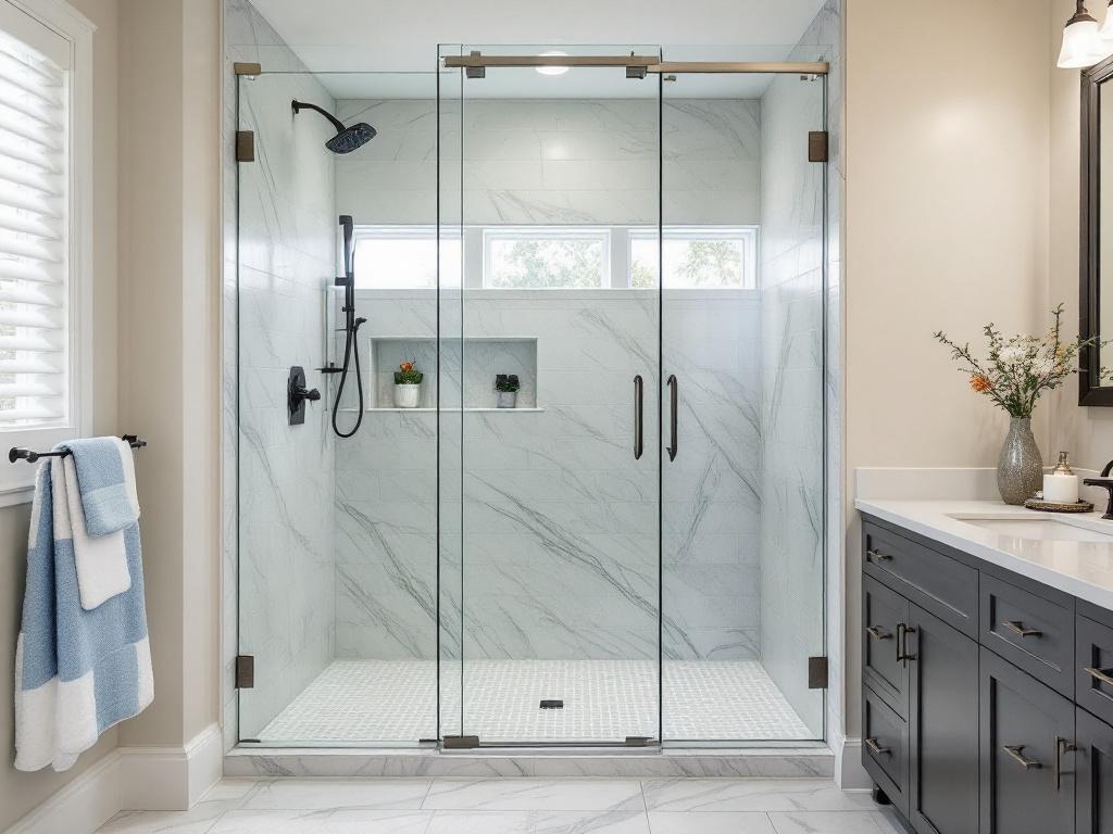 Elegant contemporary designed custom shower door installed in a modern Boston bathroom, promoting enhanced aesthetics.