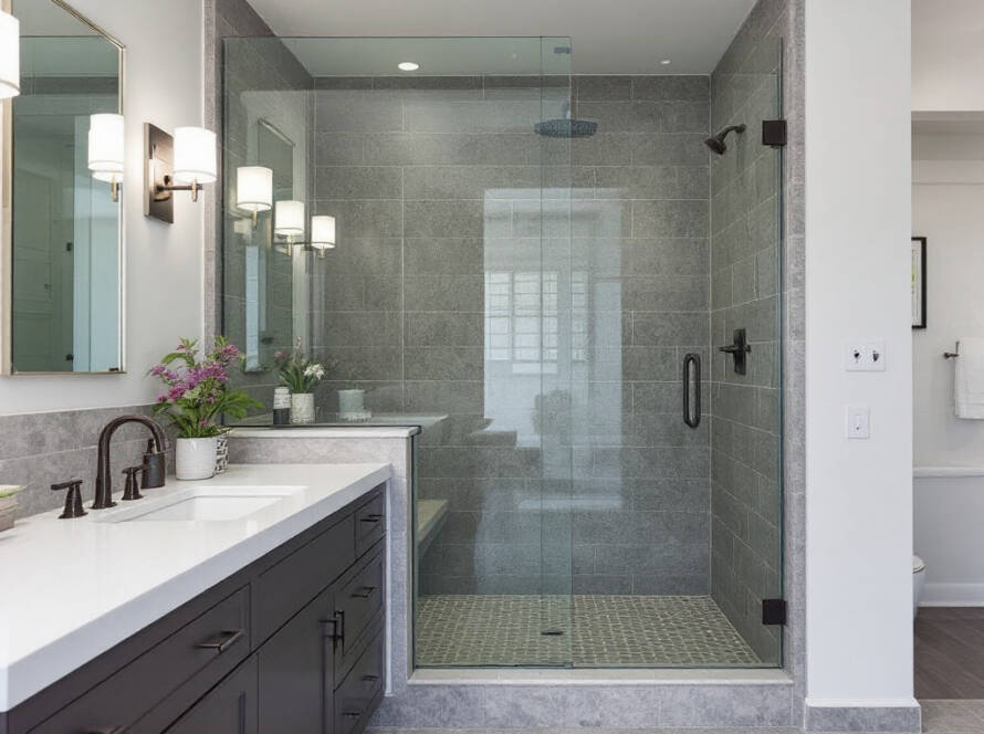 Alt text: Frameless shower door installation in a modern contemporary designed bathroom near Somerville, MA.