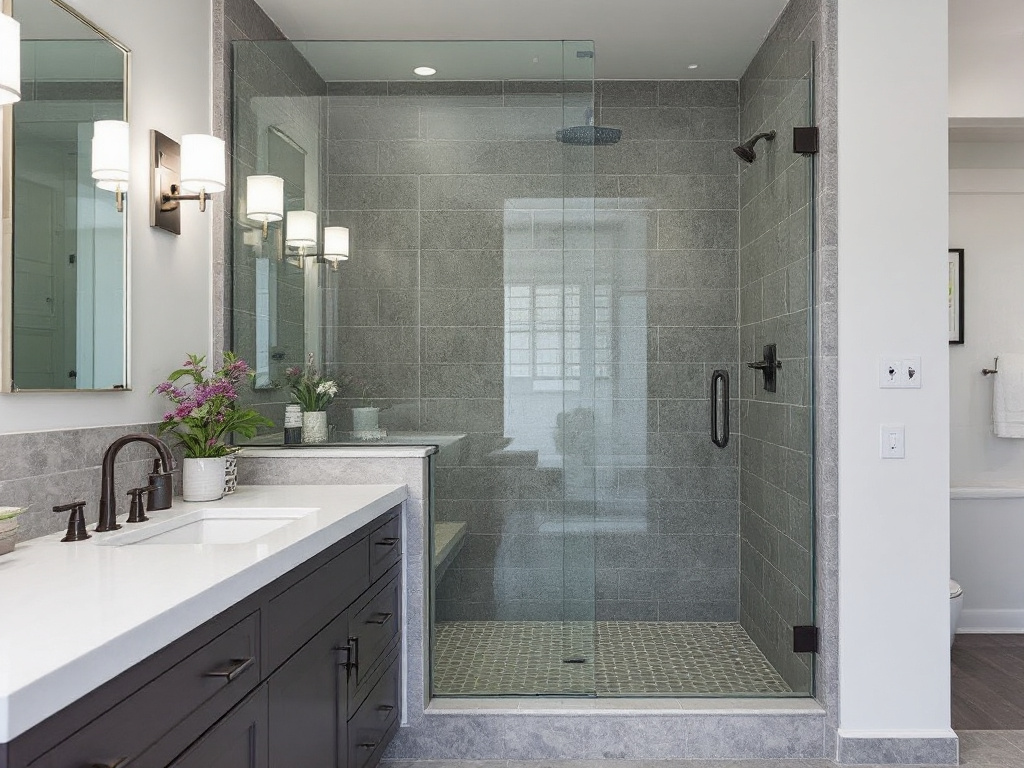 Alt text: Frameless shower door installation in a modern contemporary designed bathroom near Somerville, MA.