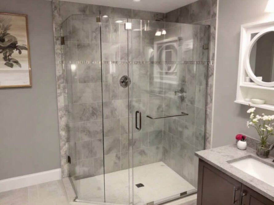 A stunning modern shower glass door installation in Norwood, MA, enhancing the aesthetics of the bathroom with superior craftsmanship.