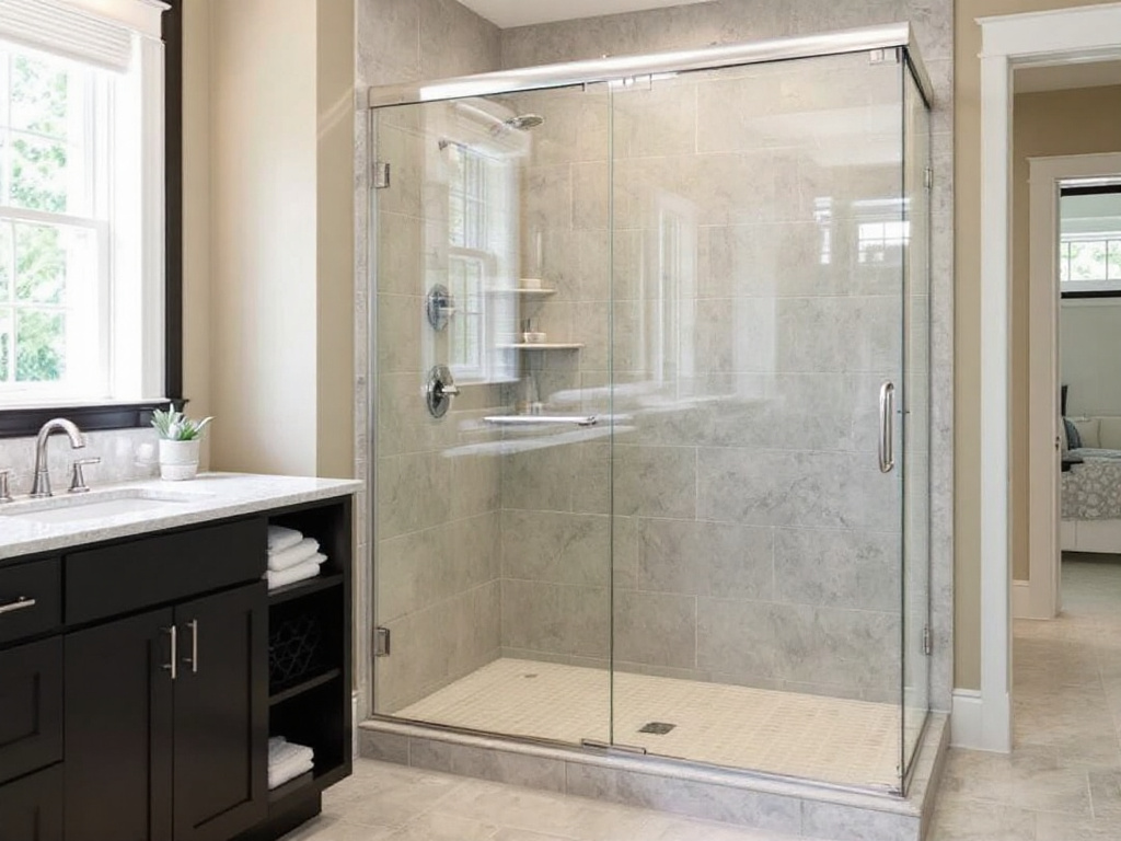 Alt Text: Expertly installed modern shower door in a contemporary design, located near Boxborough, MA.