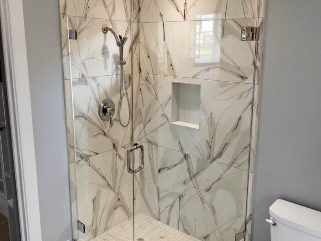 Alternative text: Skilled specialist installing a shower door in a home near Boxborough, MA.