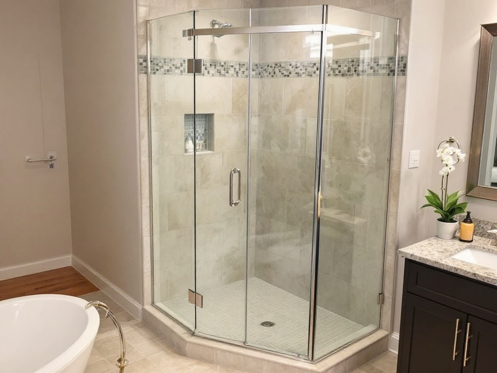 - Specialist skillfully installing a shower door in a bathroom near Billerica, MA.