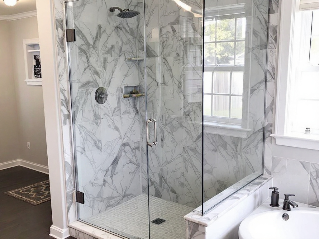 A team installing a sleek, frameless glass shower door in a modern bathroom near Boston, MA.