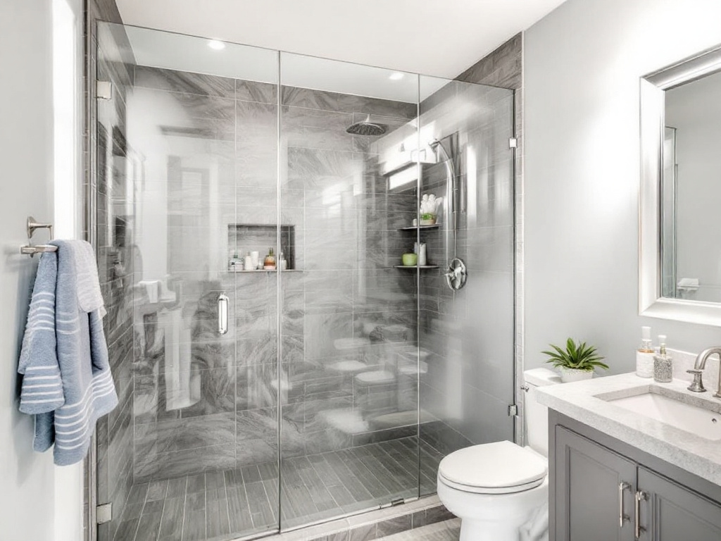 A locally crafted custom shower door made of high-quality transparent glass.