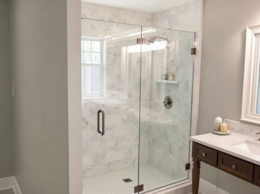 Modern shower door installation in Hanover, MA redefining bath spaces with flawless craftsmanship.