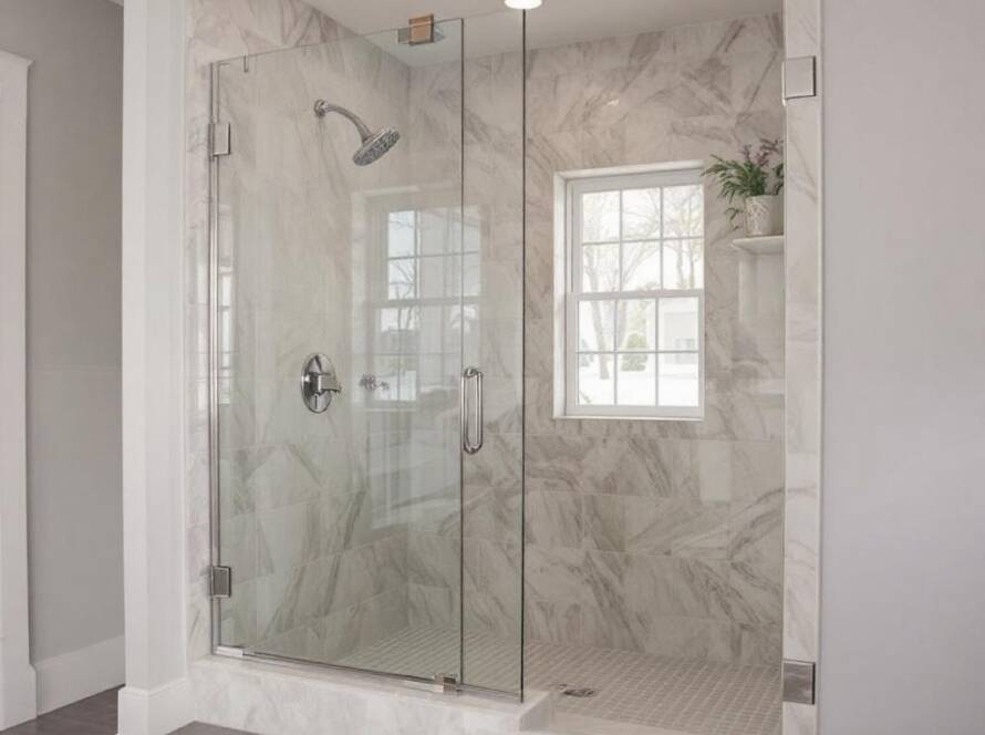 A modern shower door being professionally installed in a home near Dover, MA.