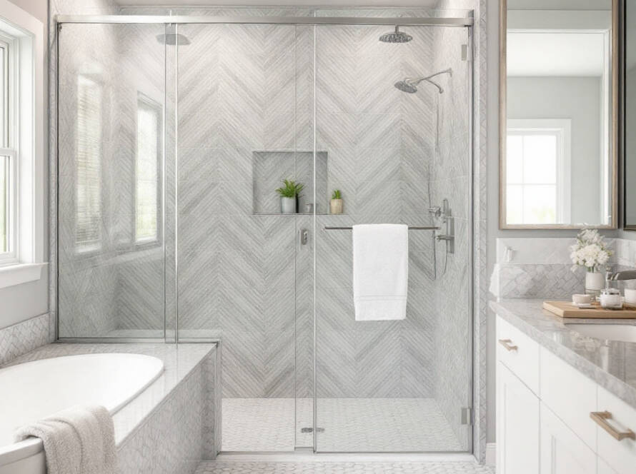 Expertly installed modern shower doors transforming a bath space in Stoughton, MA.