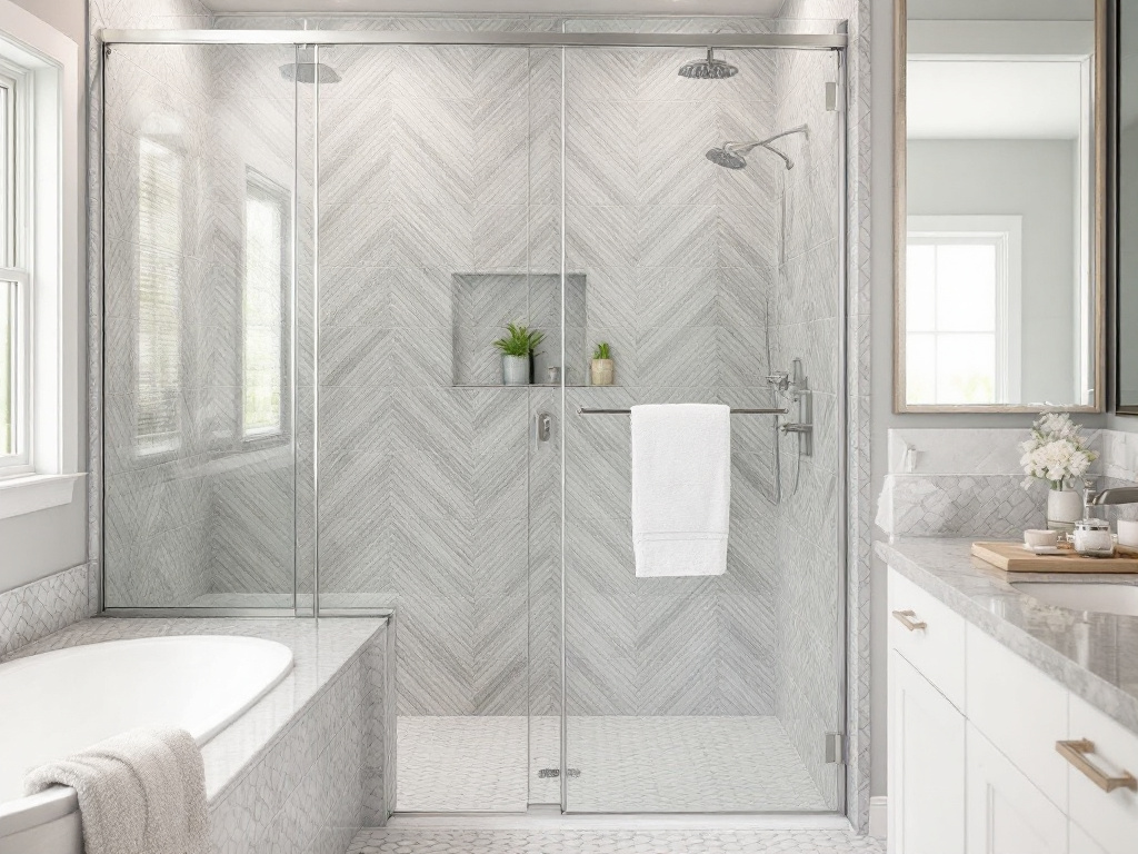 Expertly installed modern shower doors transforming a bath space in Stoughton, MA.