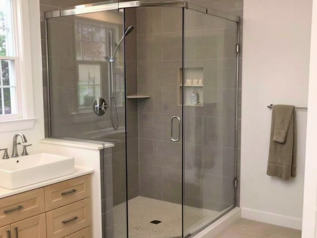 Expert installers showcasing their craftsmanship on a modernly designed, newly fitted shower door near Quincy MA. 