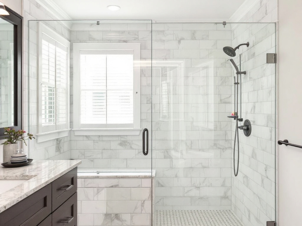 A contemporary design of a newly installed custom frameless shower glass door in Brookline, MA.