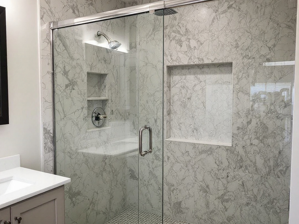 Expert shower door contractors near Brockton, Massachusetts installing modern, contemporary shower door in a new home with superior services.