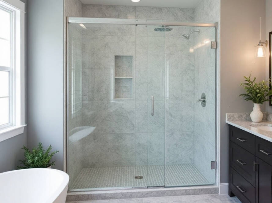 A modern, contemporary designed hinged shower door that's newly installed, depicting the art of pre-purchased shower door installation.