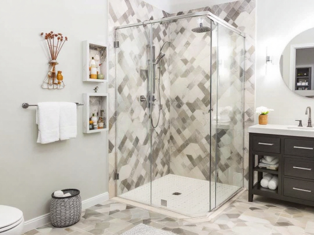 A modern and elegant shower enclosure being installed in a contemporary style bathroom in Waltham MA.