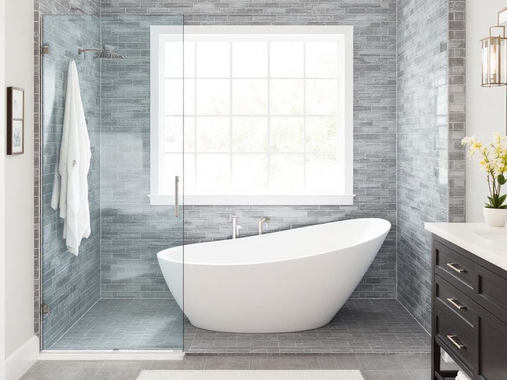Modern frameless glass shower enclosures in a luxury, contemporary bathroom in Boston.