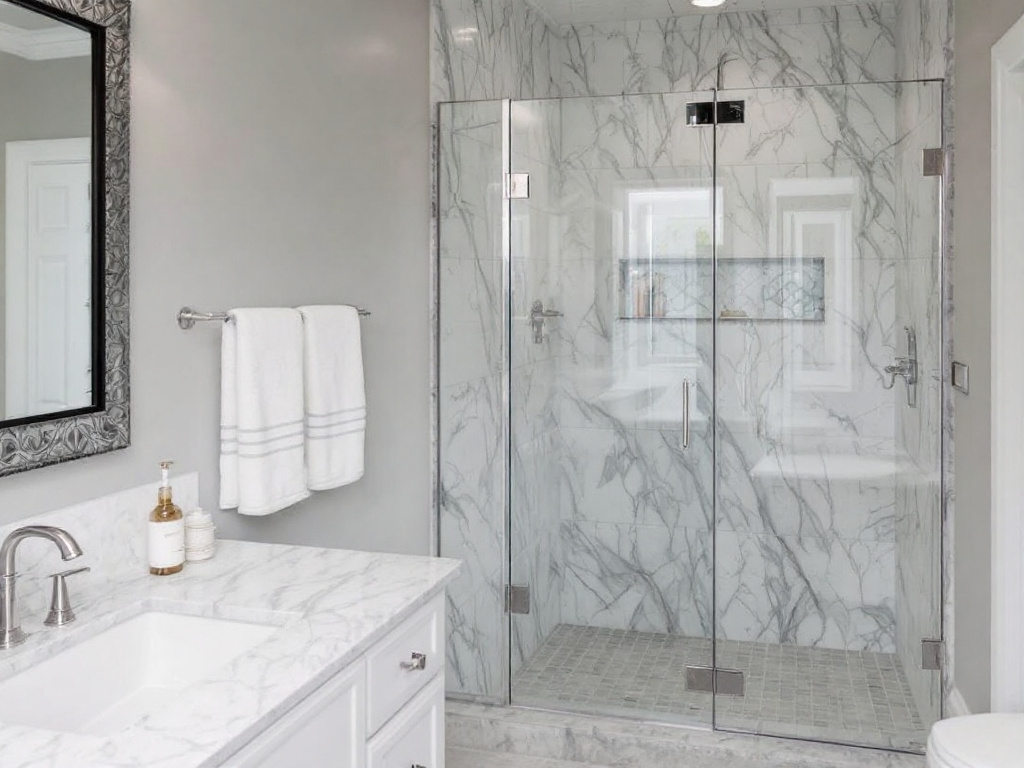 An elegant custom glass shower enclosure, showcasing frameless luxury design transforming a bathroom in Boston.
