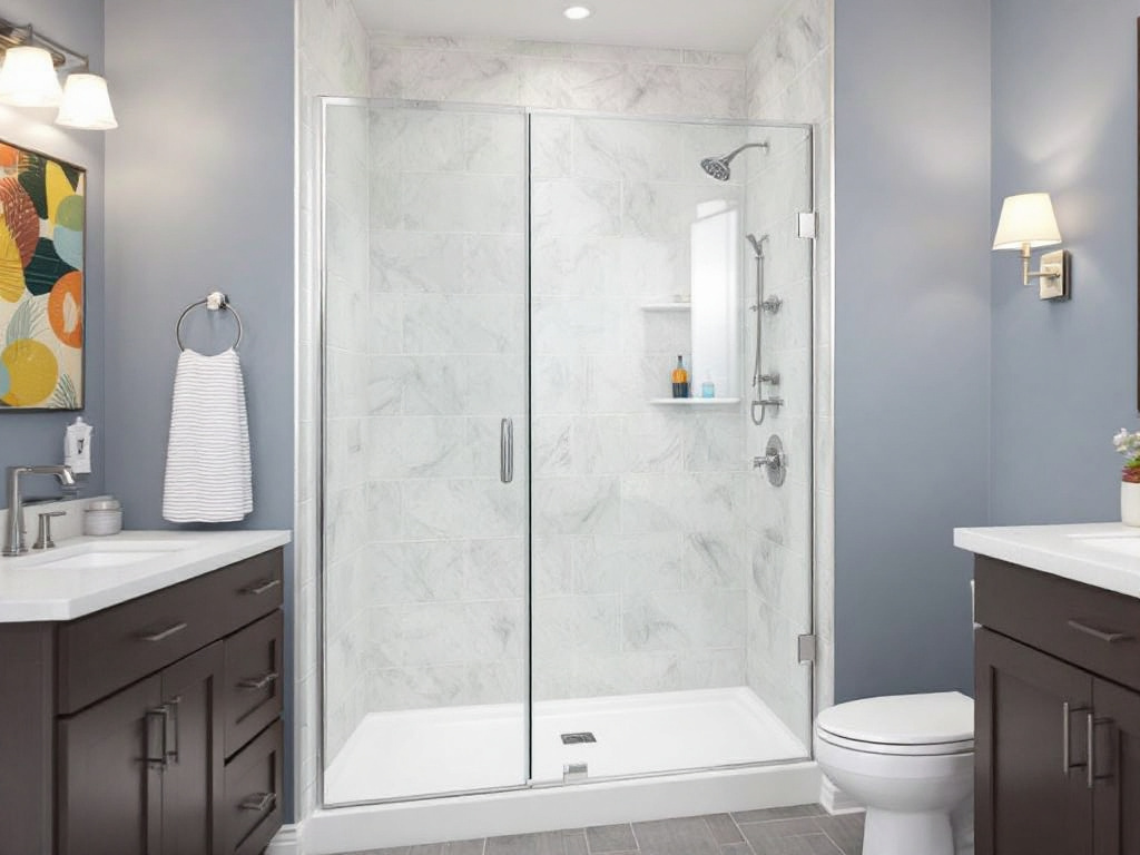 Picture of newly installed frameless shower glass in a modern bathroom in Maynard, MA.