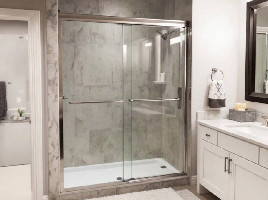 Expert installers working on a professional sliding shower door installation in a modern, contemporary design in Dedham, MA, showcasing their ultimate craftsmanship.