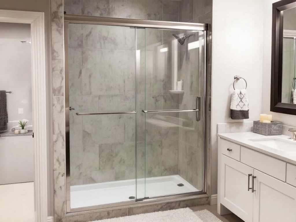 Expert installers working on a professional sliding shower door installation in a modern, contemporary design in Dedham, MA, showcasing their ultimate craftsmanship.