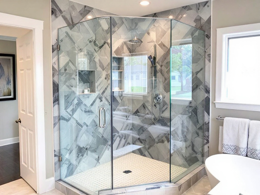 A freshly installed shower door displaying extraordinary craftsmanship in Chelsea, MA.
