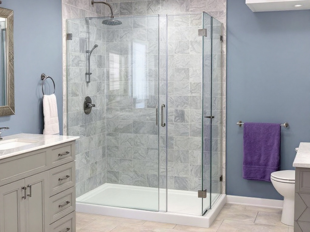 Newly installed contemporary shower door design in Quincy, MA.