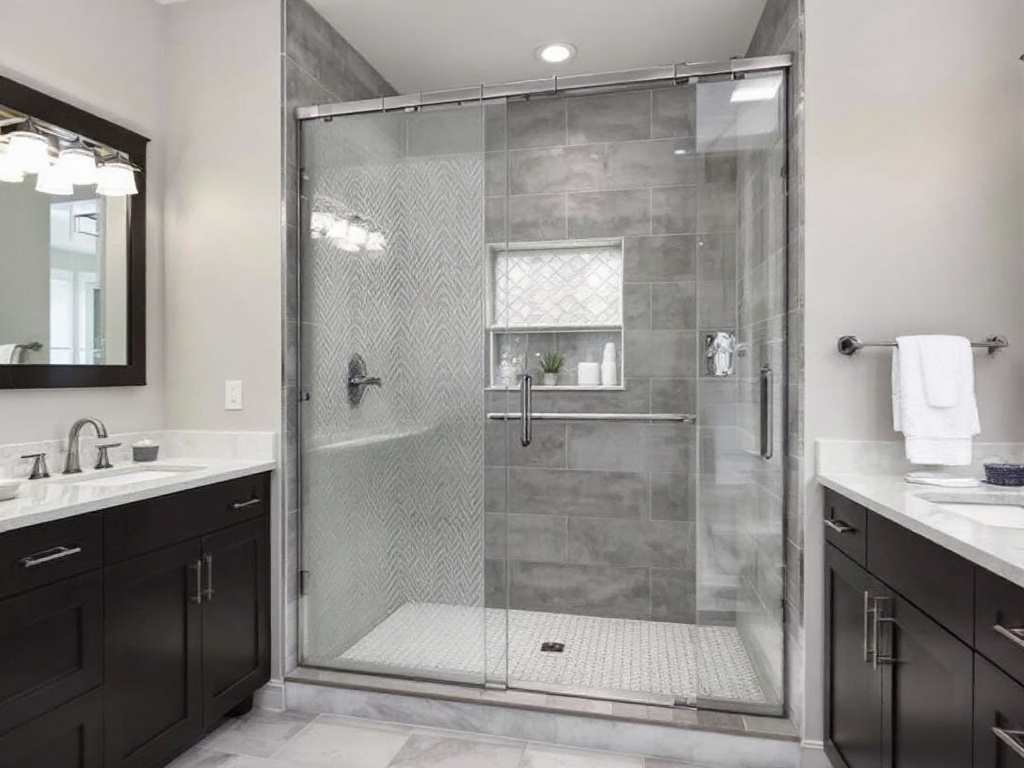 Innovative process of custom-designed shower door glass installation in a modern Boston's premier bathroom.