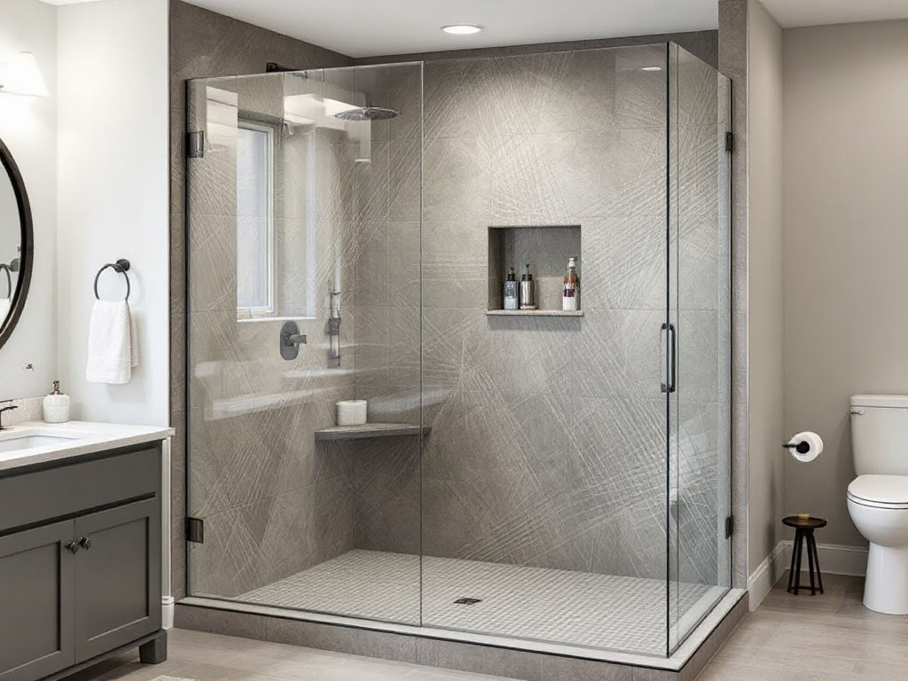 Custom glass shower door being professionally installed in a luxurious Boston home.
