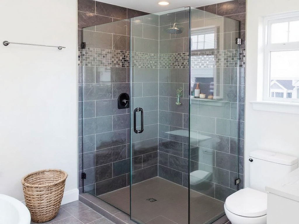 Alternative text: Modern, contemporary design of a custom frameless shower enclosure installed near Melrose, MA.