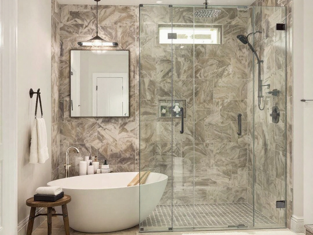 Alternative text: Professional installation of custom frameless shower enclosures in Melrose, MA.