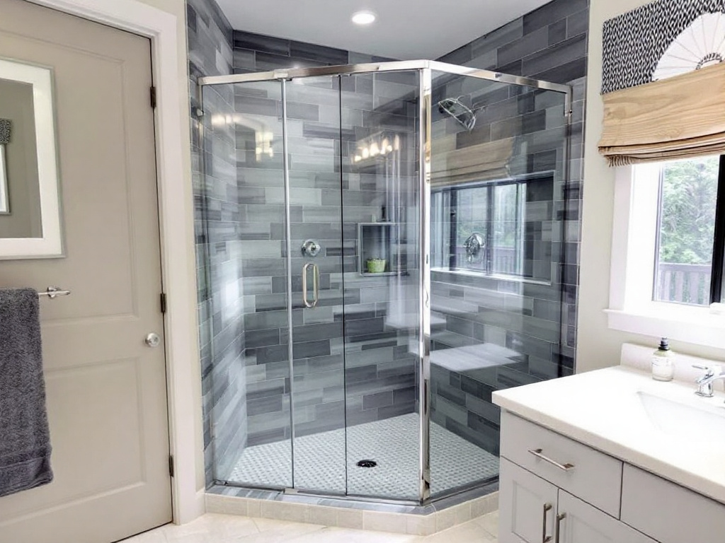 - Graphic illustrating the custom design and installation process of frameless shower doors.