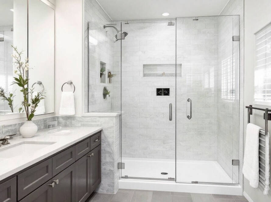 Modern hinged shower doors being installed in a Boston house with contemporary design.