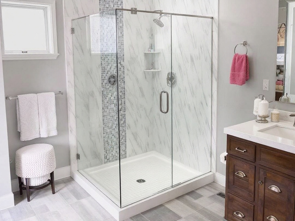A custom frameless shower enclosure with a modern, contemporary design in Natick, MA.
