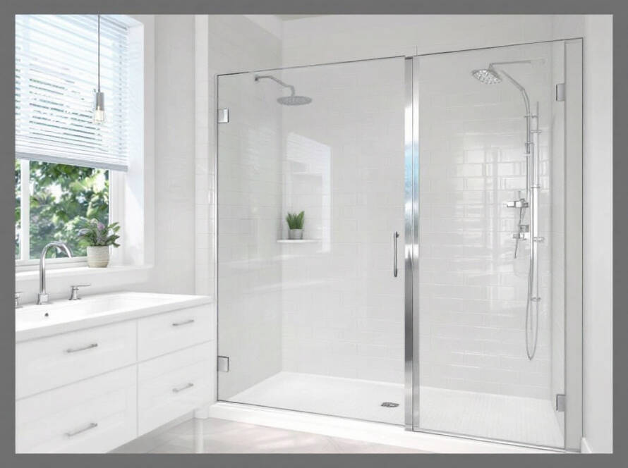 Skilled technician installing a sleek, modern shower door in a Boston home.