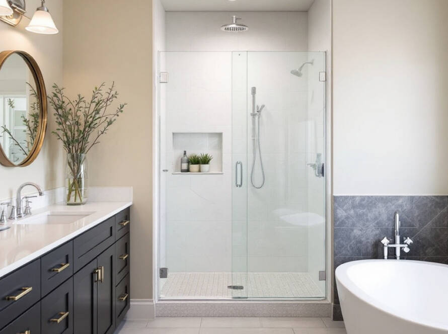 Modern, contemporary design of a sliding shower door, in Boston style.