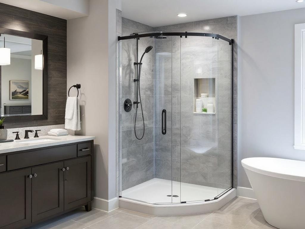 Sleek glass shower doors in Boston, portraying a blend of modern and contemporary design elements.