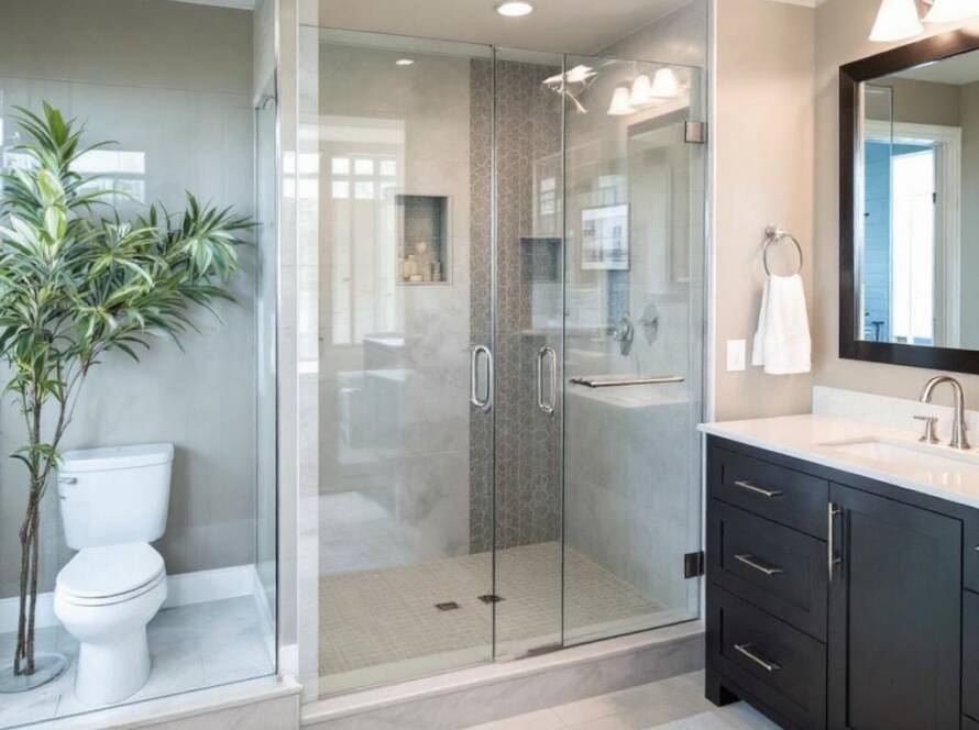 Alt Text: New modern and contemporary bathroom door installed by professionals in Boston, MA.