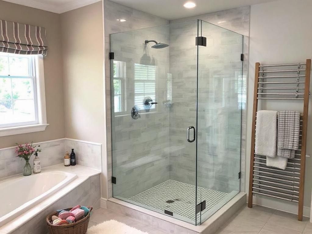 An innovative custom frameless glass shower recently installed near Millis, MA, signifying modern, contemporary design.