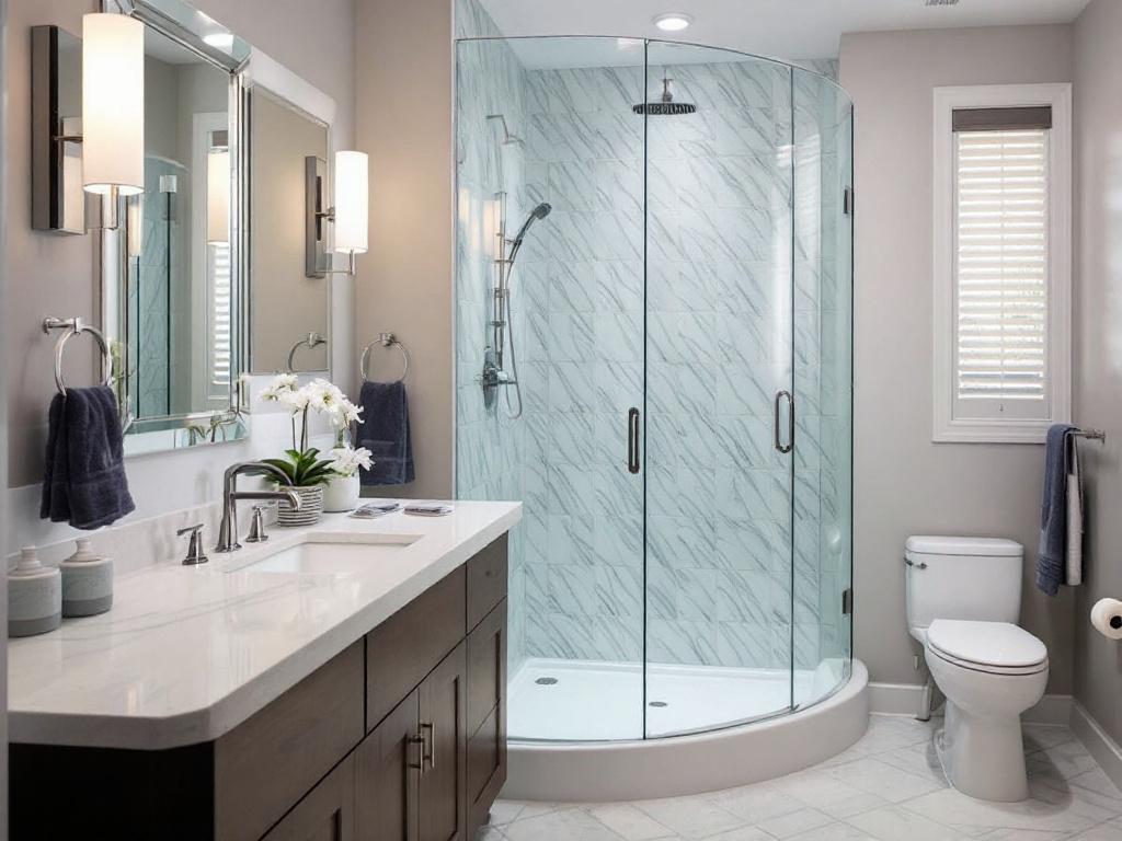 An image showing the modern transformation of a bathroom space in Boston, enhanced with custom, frameless glass shower enclosures. 