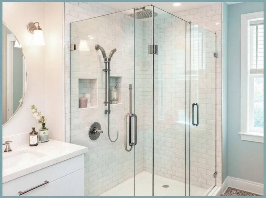 Modern and contemporary design of a shower door installed by expert craftsmen near Boxborough, MA.