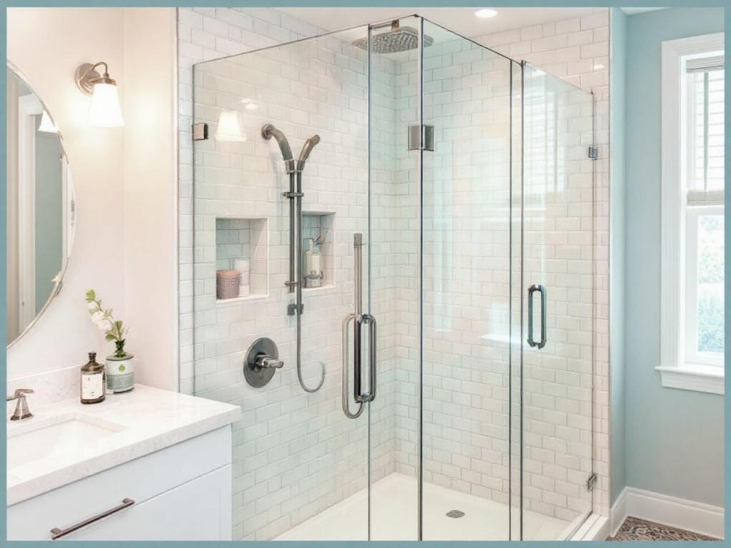 Modern and contemporary design of a shower door installed by expert craftsmen near Boxborough, MA.