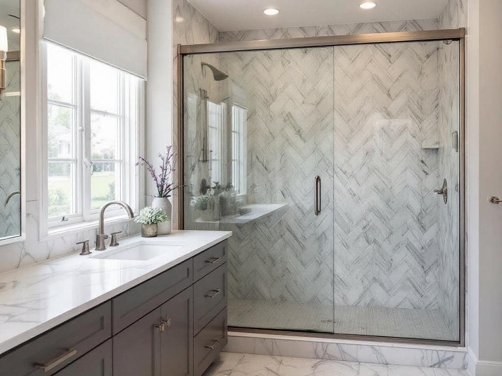 Alternative text: A high-end sliding shower door in a luxurious bathroom setup.