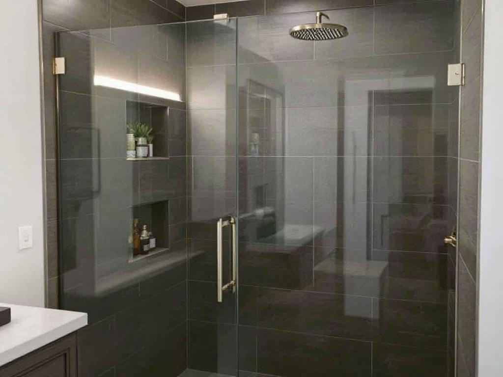 A photo showcasing the remarkable craftsmanship and modern, contemporary design of Ideal Shower Doors' custom glass installation.