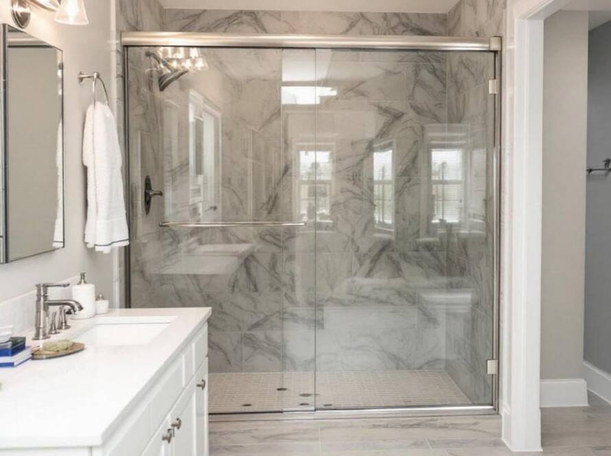 Sleek and modern sliding shower door installation beautifully done by experts near Sherborn, MA