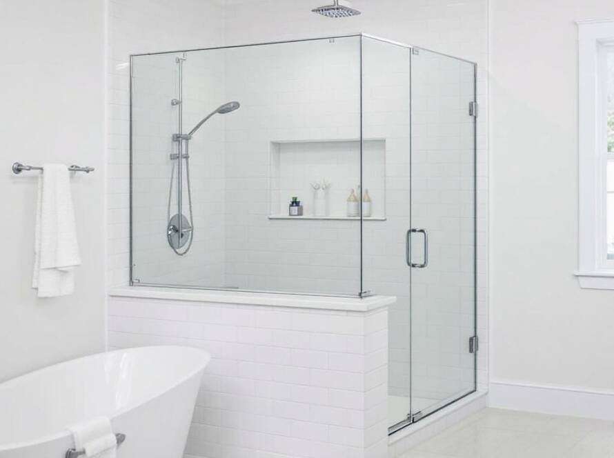 Image of a custom glass shower door installed in a modern, contemporary Boston bathroom, giving it a sleek sophistication.
