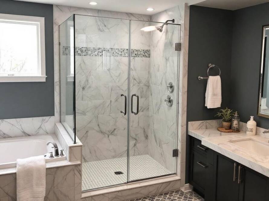 A brand-new, modern, and contemporary shower door installation in a home near Lincoln, MA, depicting the path towards exceptionalism.
