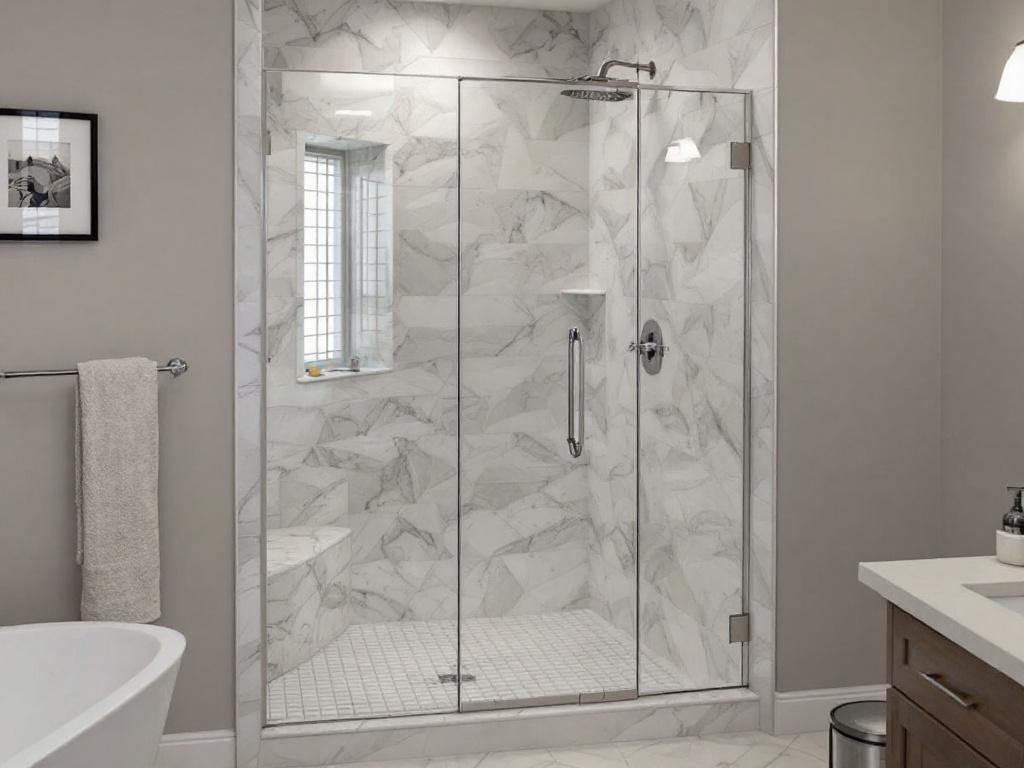 A stylish and modern hinged shower door offering a contemporary design touch to your revamped bathroom.