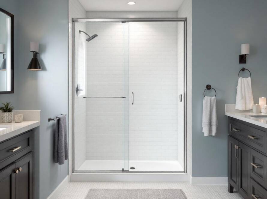 Professional installers working on the installation of a modern-looking sliding shower door in Boston, MA.