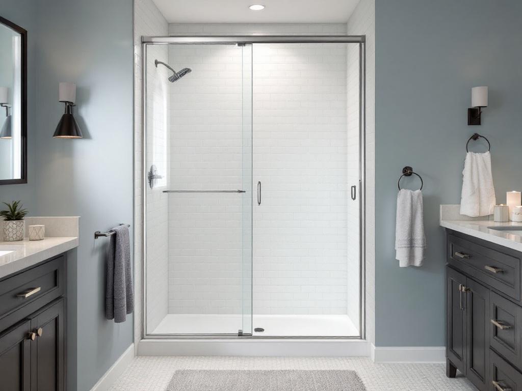 Professional installers working on the installation of a modern-looking sliding shower door in Boston, MA.