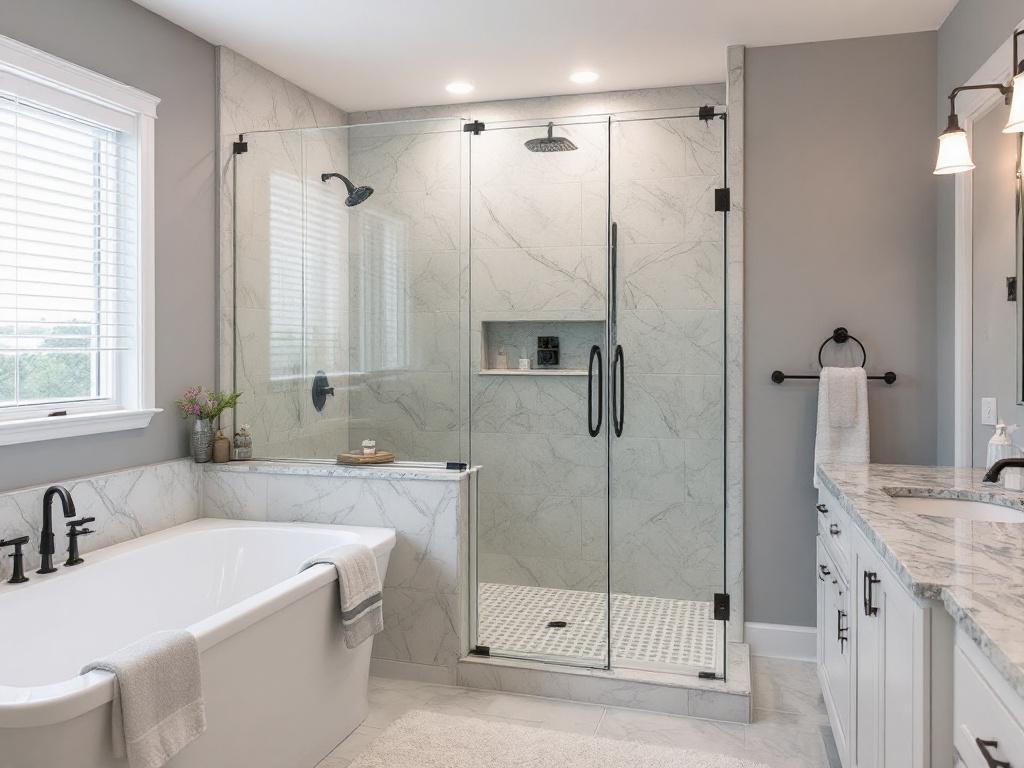 'Modern, contemporary designed custom shower door under installation'