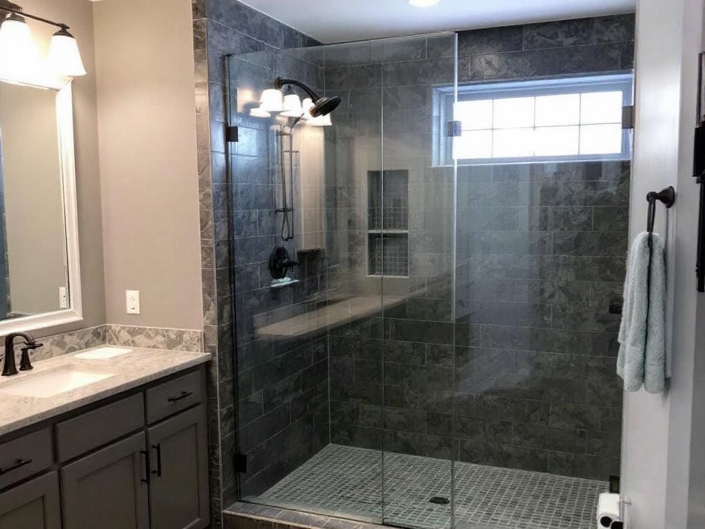 **Alternative Text**: A professional installing a custom frameless glass door in a bathroom in Walpole, MA.